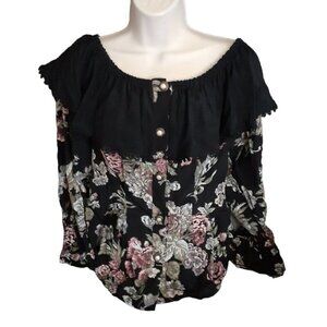 Vintage Bold Floral Blouse Ruffled V Neck Bib Collar Victorian Button Front S